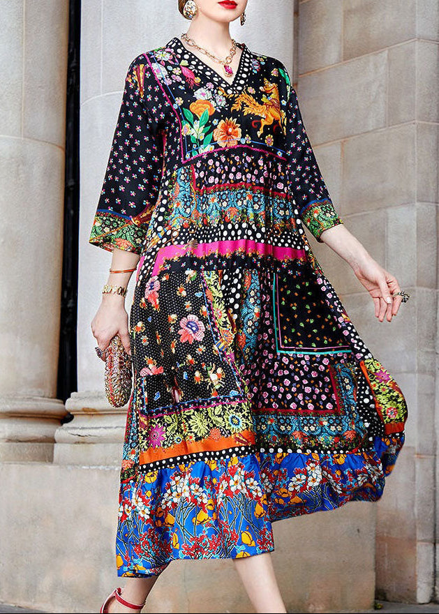 Bohemian Colorblock V Neck Print Patchwork Silk Long Dress Spring - Omychic