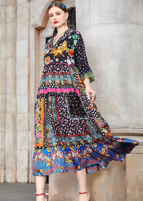 Bohemian Colorblock V Neck Print Patchwork Silk Long Dress Spring