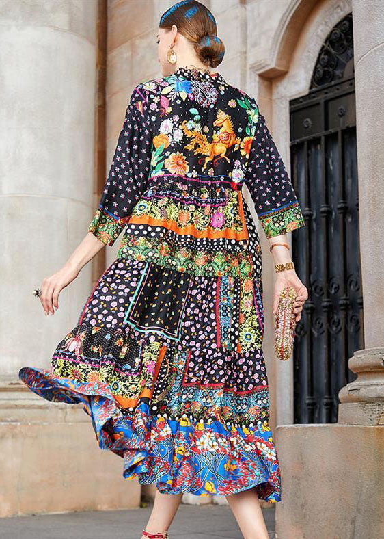 Bohemian Colorblock V Neck Print Patchwork Silk Long Dress Spring