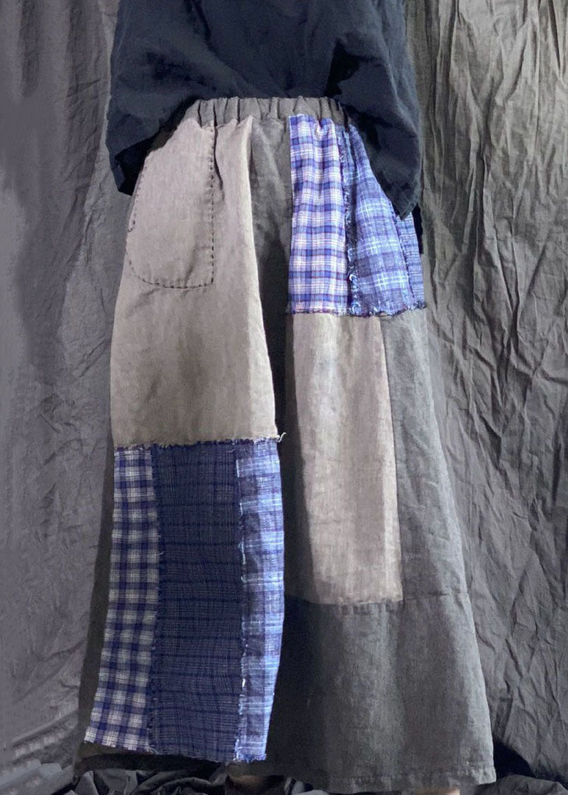 Bohemian Colorblock Wrinkled Pockets Patchwork Linen Skirts Spring