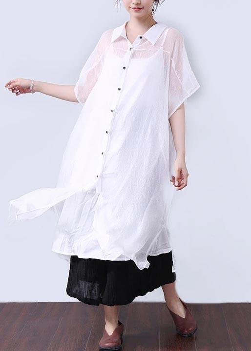 Bohemian Cotton Quilting Clothes Summer Dresses Button Elbow Sleeves Women White Dress - Omychic