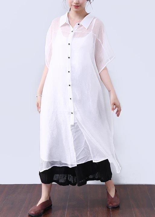 Bohemian Cotton Quilting Clothes Summer Dresses Button Elbow Sleeves Women White Dress - Omychic