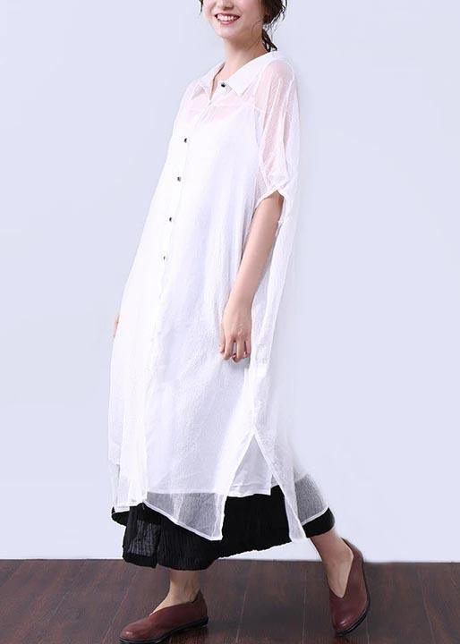 Bohemian Cotton Quilting Clothes Summer Dresses Button Elbow Sleeves Women White Dress - Omychic