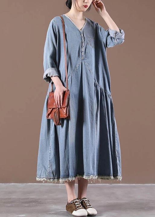 Bohemian Cotton Tunic Casual V-neck Denim Tasseled Spring Pleated Dress - Omychic