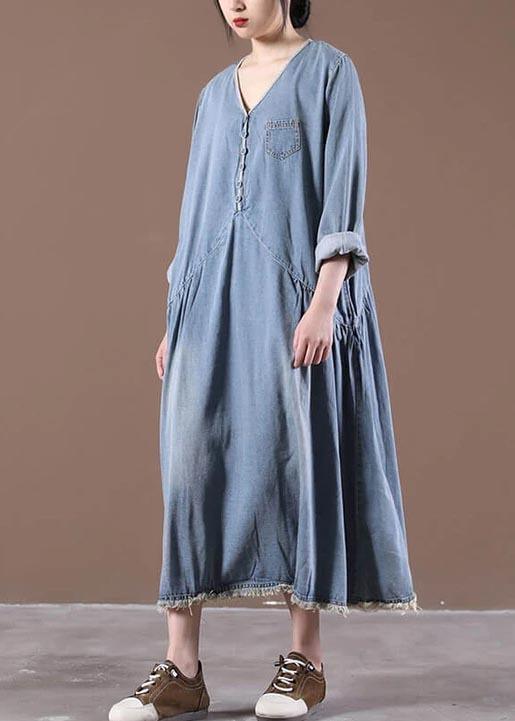 Bohemian Cotton Tunic Casual V-neck Denim Tasseled Spring Pleated Dress - Omychic