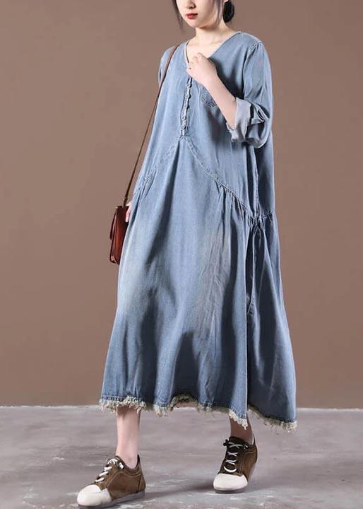 Bohemian Cotton Tunic Casual V-neck Denim Tasseled Spring Pleated Dress - Omychic