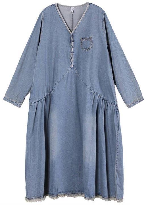 Bohemian Cotton Tunic Casual V-neck Denim Tasseled Spring Pleated Dress - Omychic