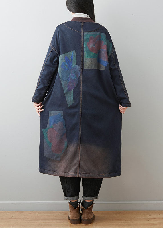 Bohemian Dark Blue Patchwork Pockets Print Warm Fleece Outwear Winter
