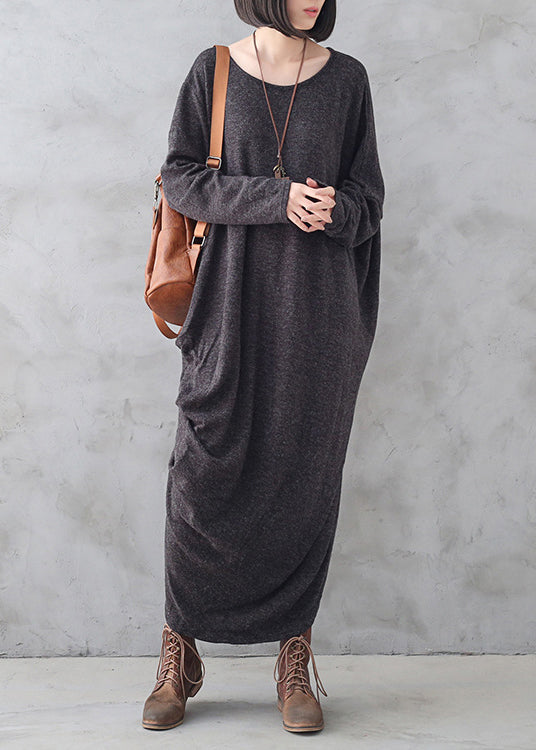 Bohemian Dark Grey O-Neck Asymmetrical Wool Knit Maxi Sweater Dress Fall