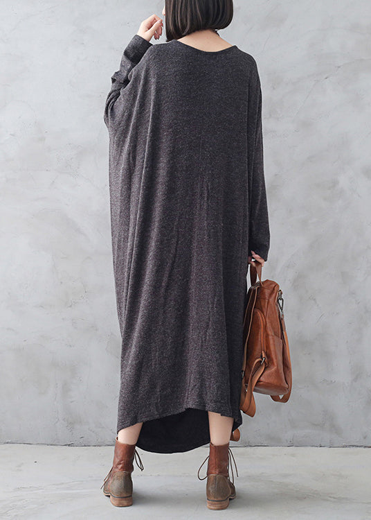 Bohemian Dark Grey O-Neck Asymmetrical Wool Knit Maxi Sweater Dress Fall