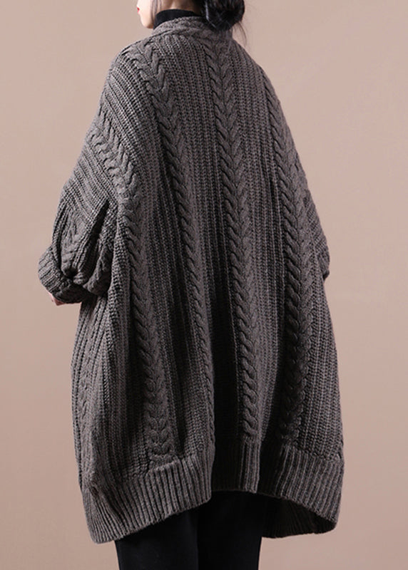 Bohemian Dark Khaki V Neck Cable Knit Sweaters Coats Winter