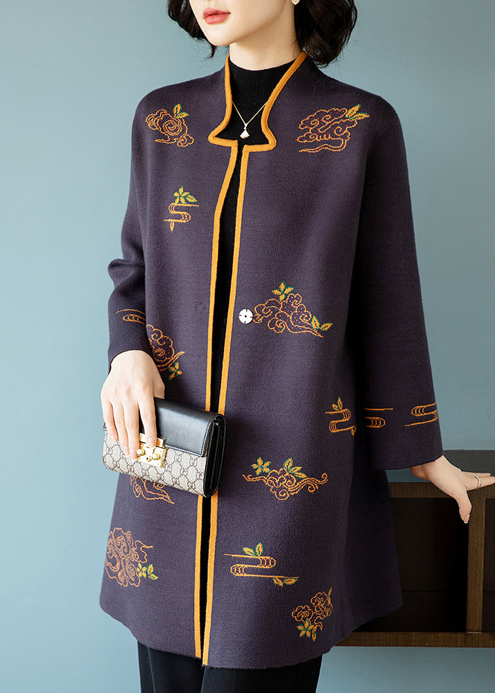 Bohemian Dark Purple Stand Collar Embroideried Patchwork Wool Coats Fall