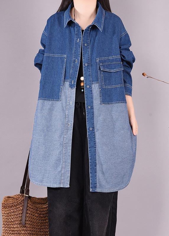 Bohemian Denim Light Blue Long Shirts Lapel Patchwork Oversized Blouse - Omychic