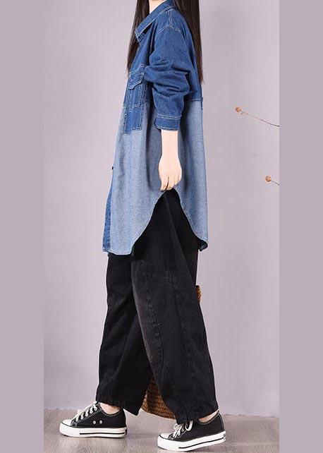 Bohemian Denim Light Blue Long Shirts Lapel Patchwork Oversized Blouse - Omychic