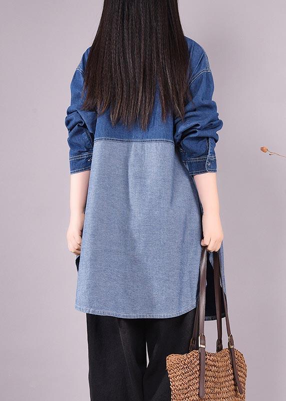 Bohemian Denim Light Blue Long Shirts Lapel Patchwork Oversized Blouse - Omychic