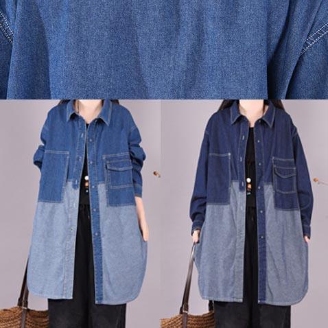 Bohemian Denim Light Blue Long Shirts Lapel Patchwork Oversized Blouse - Omychic