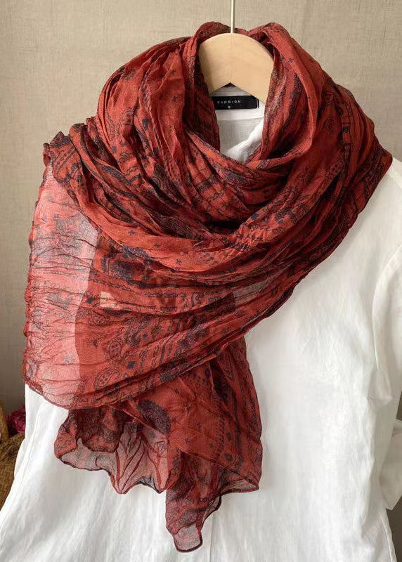 Bohemian Dull Red Print Wrinkled Linen Scarf - Omychic