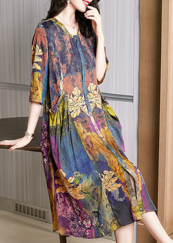 Bohemian Floral Pockets Wrinkled Patchwork Silk Dress Summer