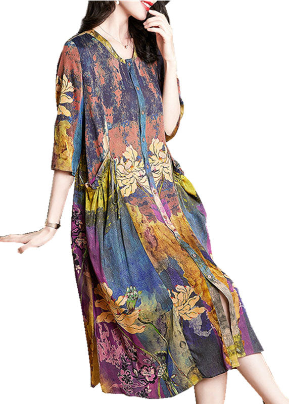 Bohemian Floral Pockets Wrinkled Patchwork Silk Dress Summer