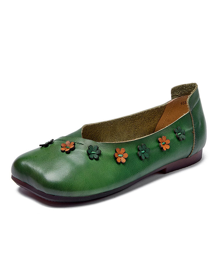 Bohemian Floral Splicing Flats Green Cowhide Leather