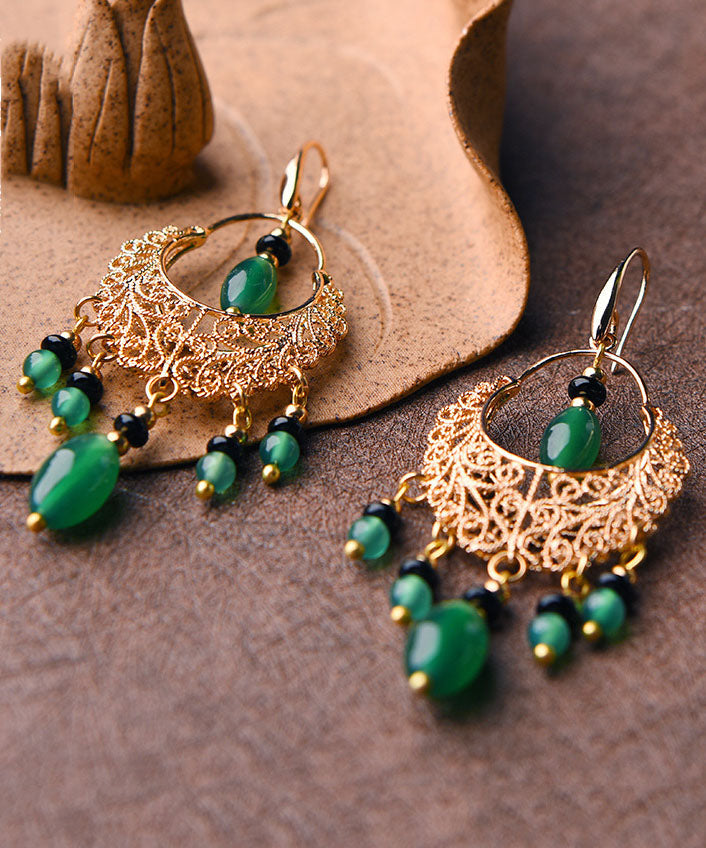 Bohemian Green Agate Tassel 14K Gold Drop Earrings