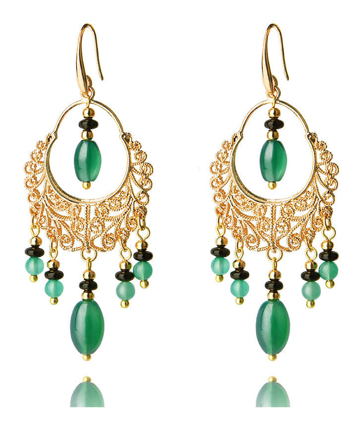 Bohemian Green Agate Tassel 14K Gold Drop Earrings