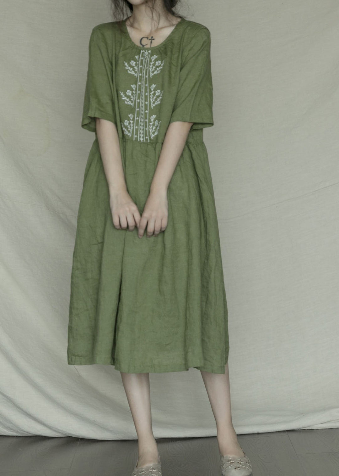 Bohemian Green Embroideried Casual Linen Dress Short Sleeve