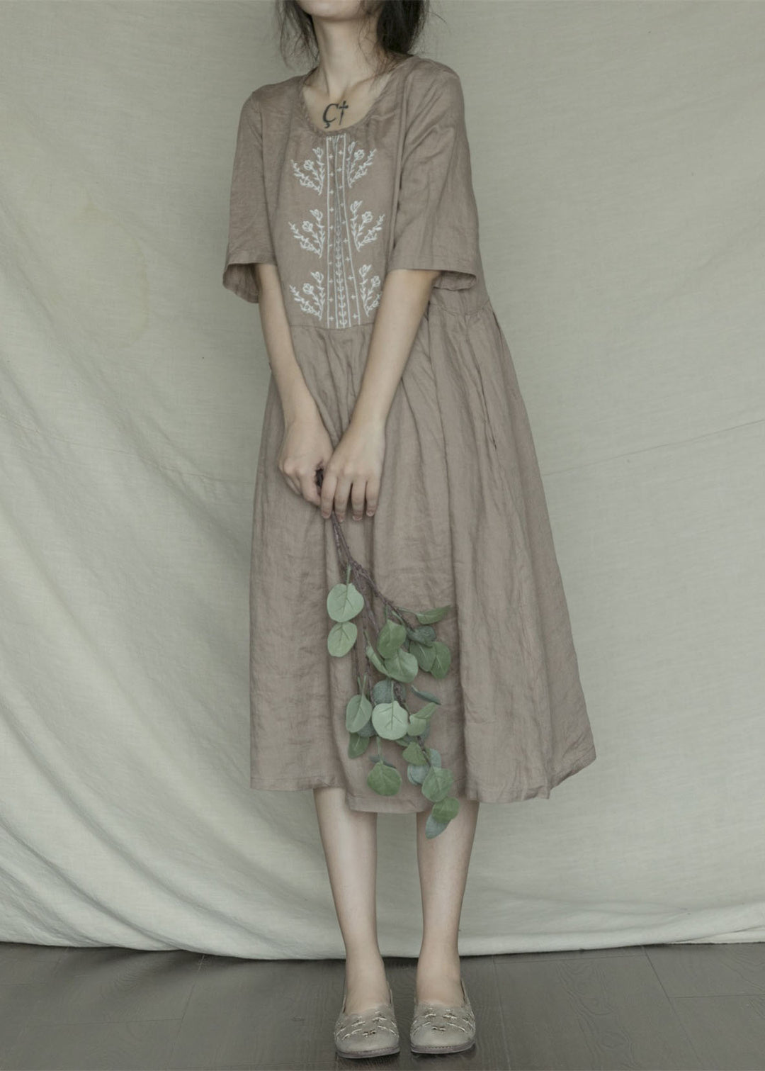 Bohemian Green Embroideried Casual Linen Dress Short Sleeve