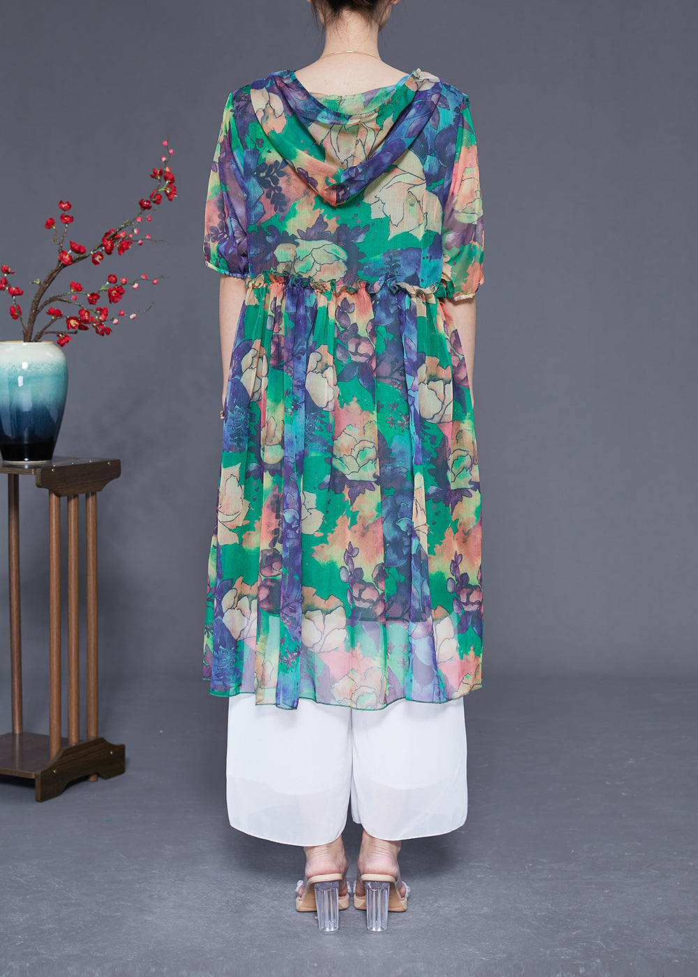 Bohemian Green Hooded Ruffled Print Chiffon Dress Summer