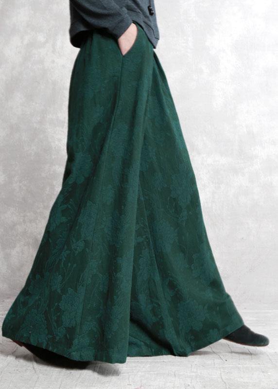 Bohemian Green Jacquard Pockets Fall Wide Leg Pants - Omychic