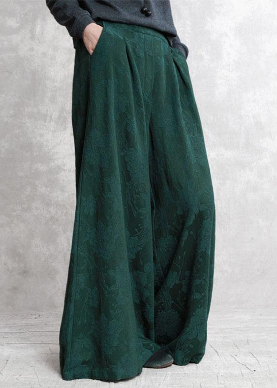 Bohemian Green Jacquard Pockets Fall Wide Leg Pants - Omychic