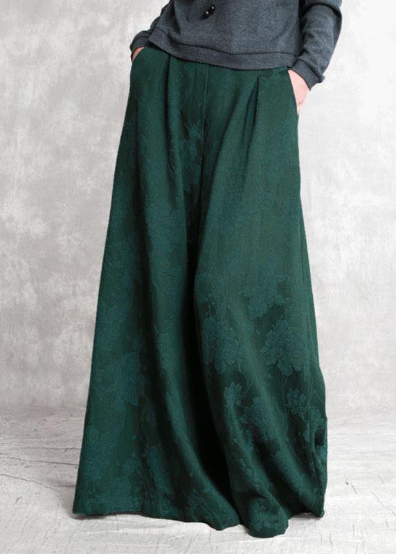 Bohemian Green Jacquard Pockets Fall Wide Leg Pants - Omychic