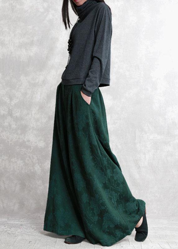 Bohemian Green Jacquard Pockets Fall Wide Leg Pants - Omychic