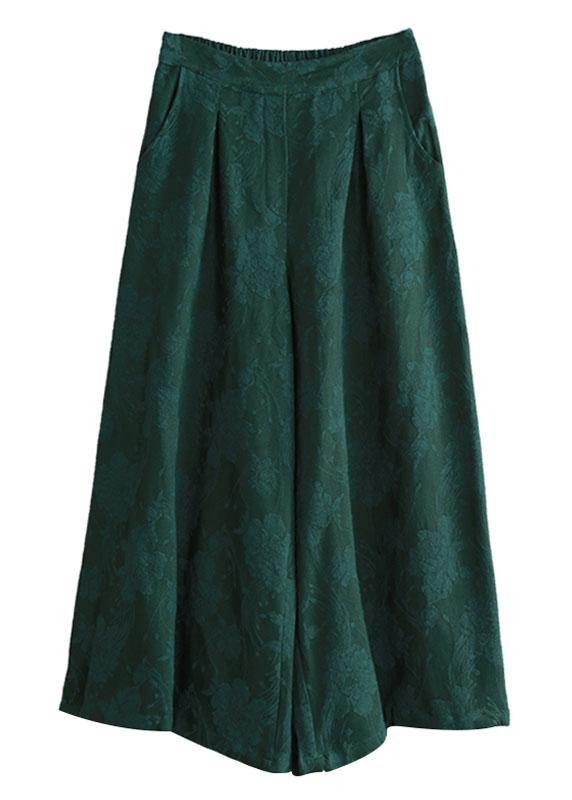 Bohemian Green Jacquard Pockets Fall Wide Leg Pants - Omychic