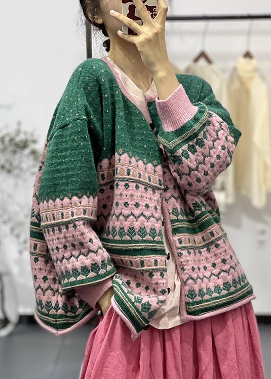 Bohemian Green O Neck Embroideried Button Knit Cardigans Fall