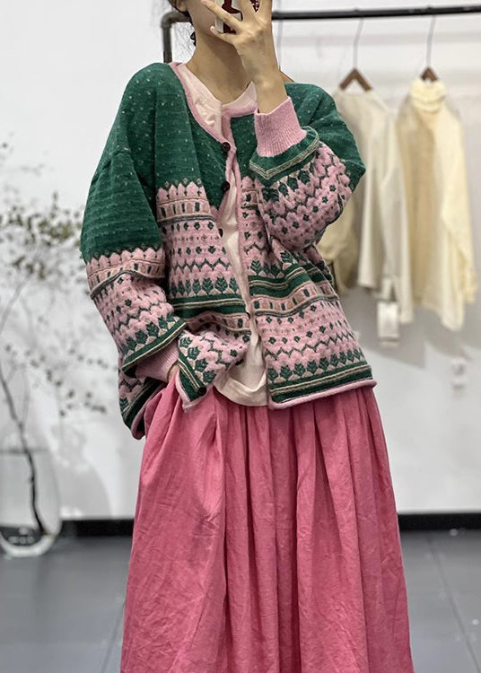 Bohemian Green O Neck Embroideried Button Knit Cardigans Fall