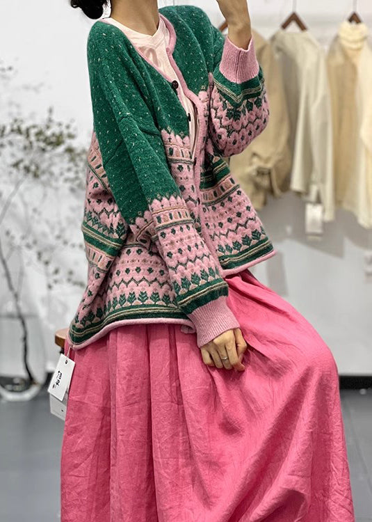 Bohemian Green O Neck Embroideried Button Knit Cardigans Fall