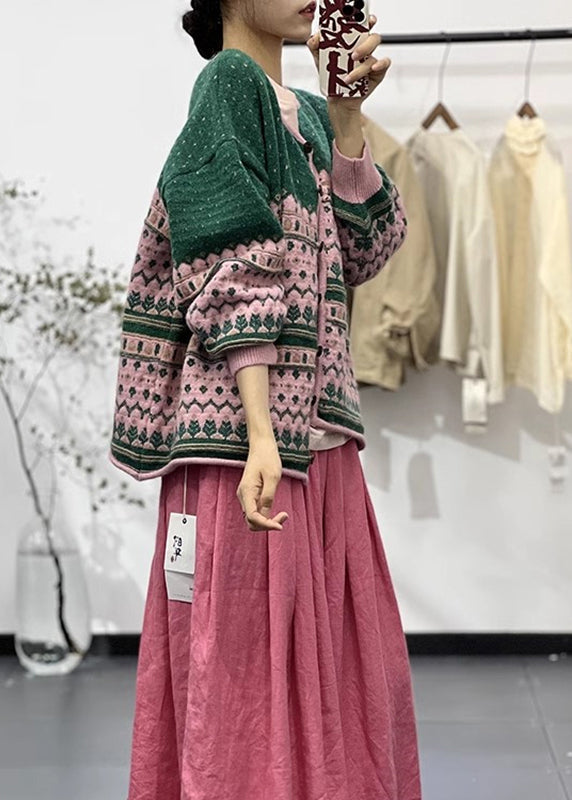 Bohemian Green O Neck Embroideried Button Knit Cardigans Fall