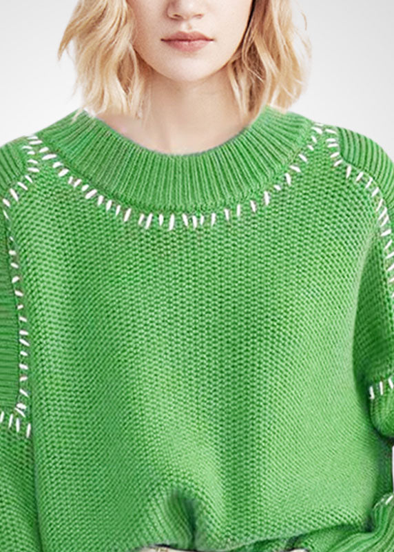 Bohemian Green O-Neck Oversized Thick Wool Short Sweater Winter