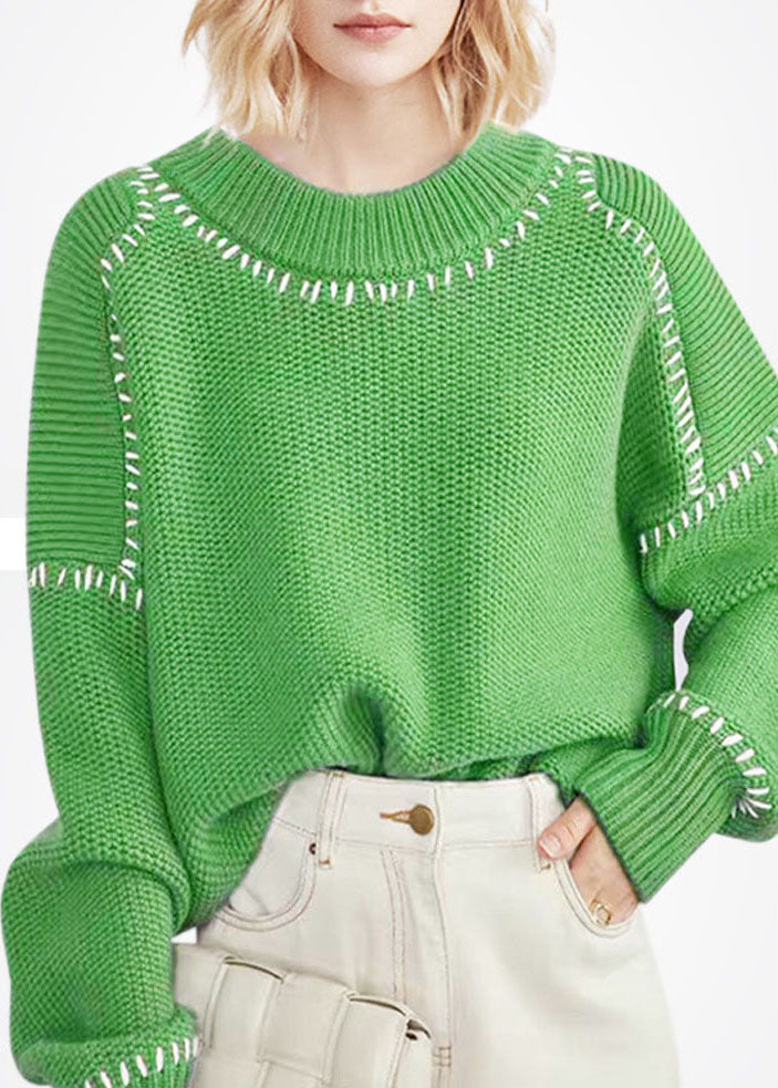 Bohemian Green O-Neck Oversized Thick Wool Short Sweater Winter