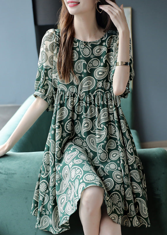 Bohemian Green O-Neck Print Chiffon Mid Dress Summer