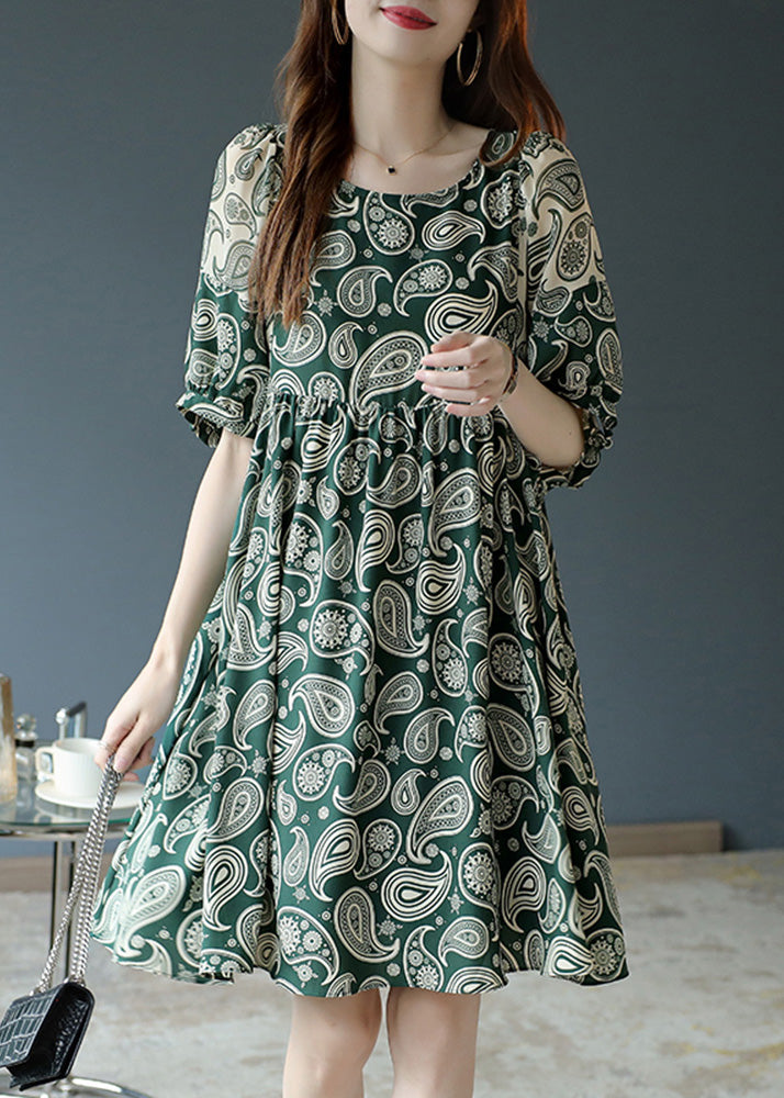 Bohemian Green O-Neck Print Chiffon Mid Dress Summer