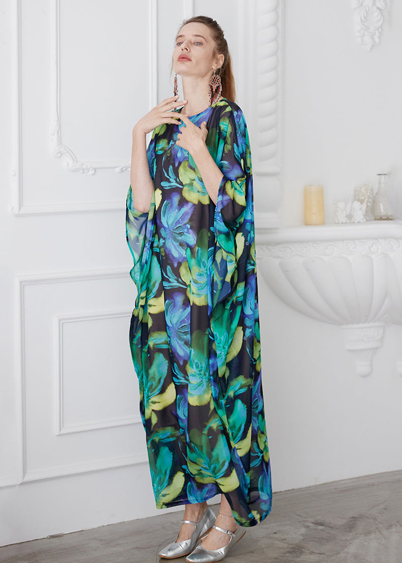 Bohemian Green O Neck Print Chiffon Robe Dress Summer