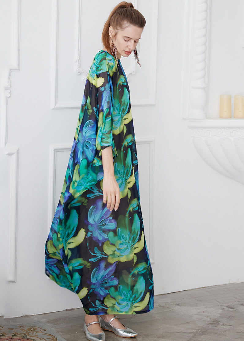 Bohemian Green O Neck Print Chiffon Robe Dress Summer