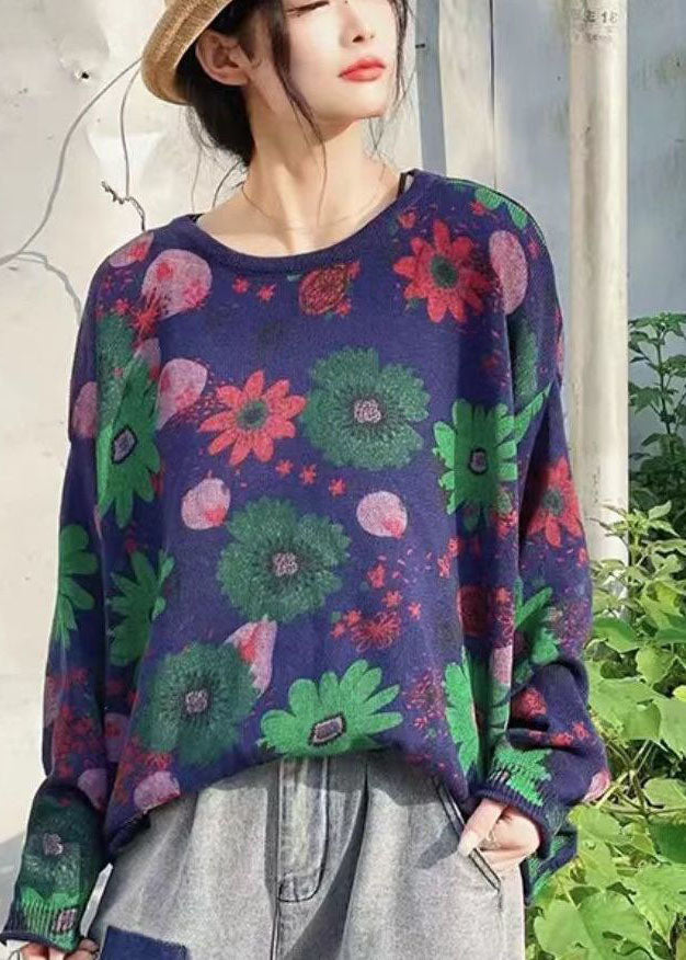 Bohemian Green O-Neck Print Knit Sweater Tops Winter