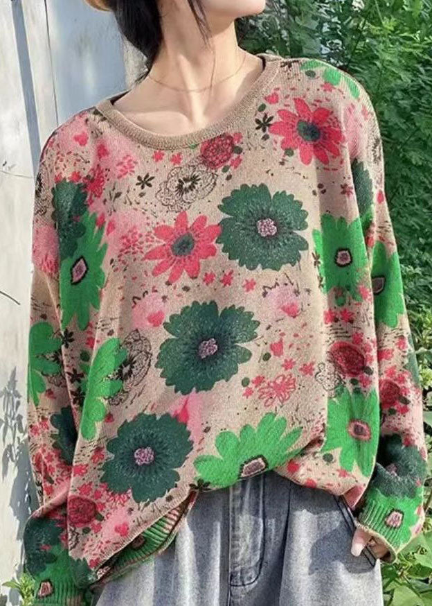 Bohemian Green O-Neck Print Knit Sweater Tops Winter