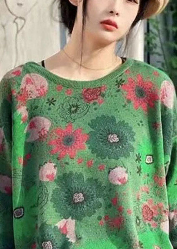 Bohemian Green O-Neck Print Knit Sweater Tops Winter