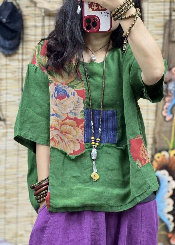 Bohemian Green O Neck Print Patchwork Linen T Shirts Top Summer