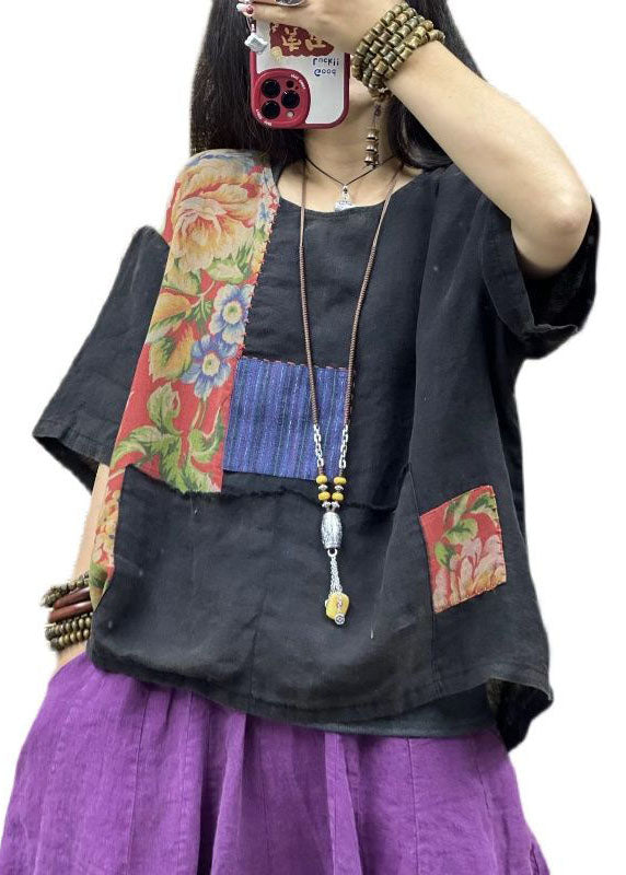 Bohemian Green O Neck Print Patchwork Linen T Shirts Top Summer