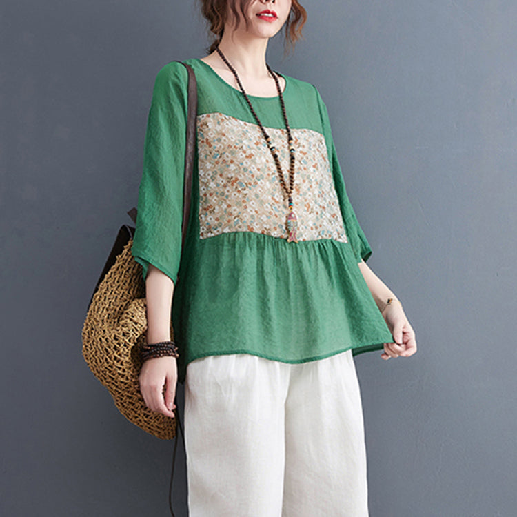 Bohemian Green O-Neck Print Tops Half Sleeve